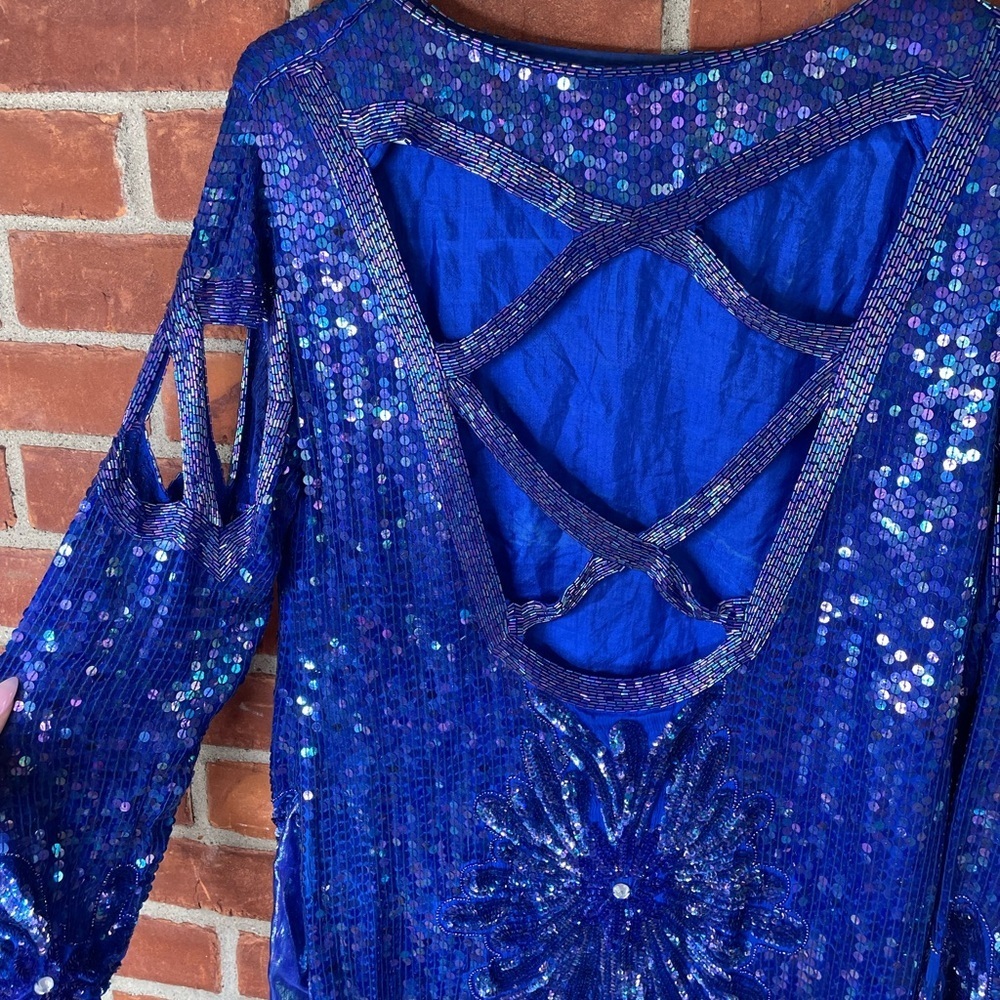 Vintage 80's blue silk beaded sequined cutout midi dress